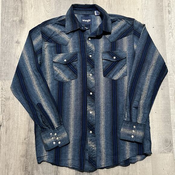 VTG Wrangler Pearl Snap Blue Striped Soft Western Long Sleeve Mens Shirt M - Picture 1 of 4